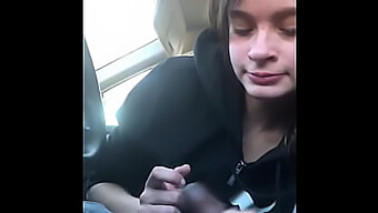 My girlfriend's lesbian friend gives me a sloppy blowjob in a car