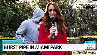 A stunning news reporter gives a public blowjob to a random man on camera